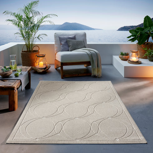 Outdoor Teppich Wetterfest Waschbar im modernen Florentiner Design | Für Drinnen und Draußen | Terrasse Balkon Garten Wohnzimmer Badezimmer Küche | Creme Kreise
